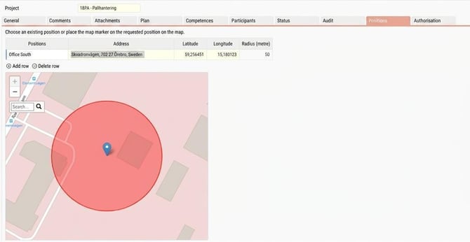 The Positions tab in the project register. Position indicated with a blue map pin, red radius around.