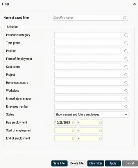 The image shows the selection options for the filter function; different fields for selection.