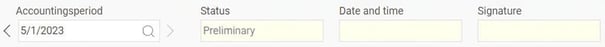 The image shows the fields Accounting period (searchable), Status, Date and time, and Signature in the PAYE return.