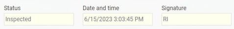 The image shows the fields Status, Date and time, and Signature.