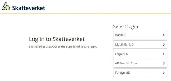 The image shows login on the Swedish Tax Agency's website.