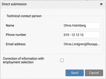 The image shows the dialogue box for direct submission where you enter the details for the technical contact person.