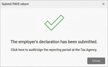 The image shows the confirmation box for submitted PAYE return.