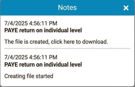 Image shows notes with information about status for file creation for the PAYE return.