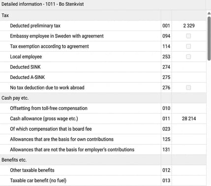The image shows the detail view in the PAYE return on individual level (AGI).