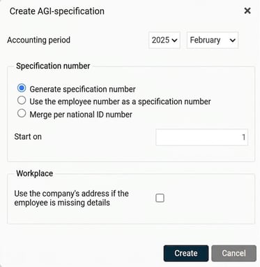 The image shows the dialogue box where you create a new specification for the PAYE return on individual level.