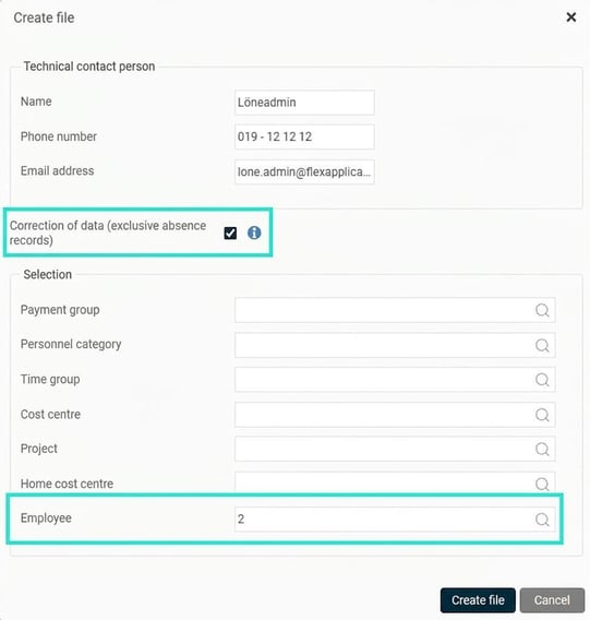The image shows the fields for creating a file with correction and selection for an employee highlighted.