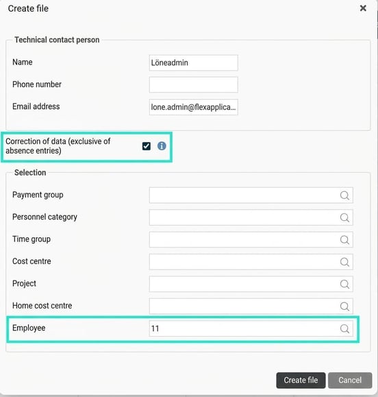 The image shows the selection for creating a correction file for the PAYE return, with the selection on an employee.
