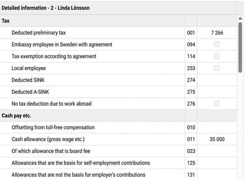 The image shows detailed information in the PAYE return on individual level for an employee.