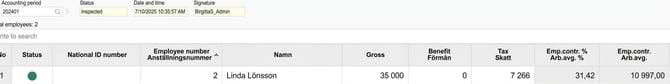 The image shows the overview for an employee in the PAYE return on individual level, where the data is marked as checked.
