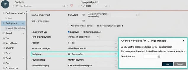 The image shows how you can change the account code (in this case Workplace) via the Employee register, Employment folder.