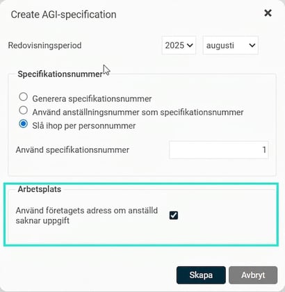 The image shows in the dialogue window for creating a new PAYE return, the checkbox for using the company's address if an employee is lacking an assignment ticked.