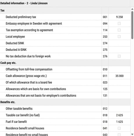 The image shows the detail view for the fields in the PAYE return.