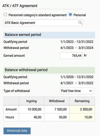The image shows earned amount for the current qualifying period, as well as earned, withdrawn, and remaining balances for both amount and hours during the withdrawal period when the employee has chosen to take paid time off.