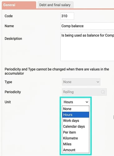 The image shows a dropdown list to select a unit for a current accumulator.