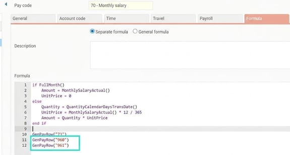 The image shows the formula tab in the pay code register, where a formula is set to generate a couple of pay codes. The two pay codes to be removed are marked.