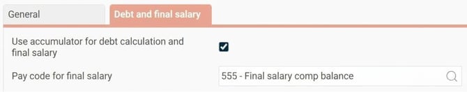 The image shows the field where you specify a pay code for final salary on the accumulator.