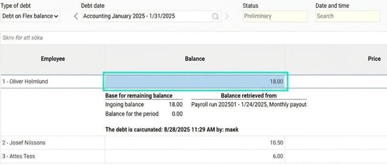 The image shows the overview in debt management where a field is selected and the calculation for the chosen field is displayed in the fields below.