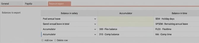 The image shows the settings for balances to export; there are three columns in which you can make selections.