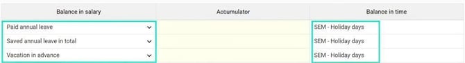 The image shows balance export settings configured to export several different vacation balances from Payroll to the same balance in Time.