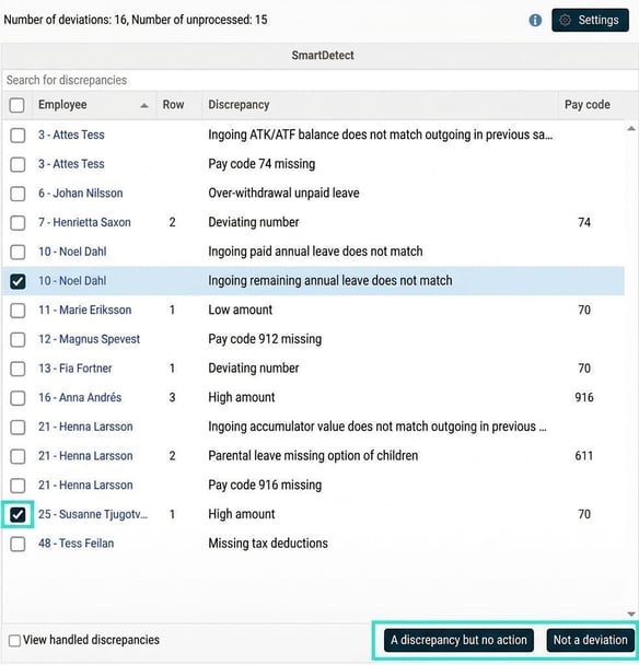 The image shows the discrepancies list with a selected box for a discrepancy and two buttons to choose from to provide feedback.