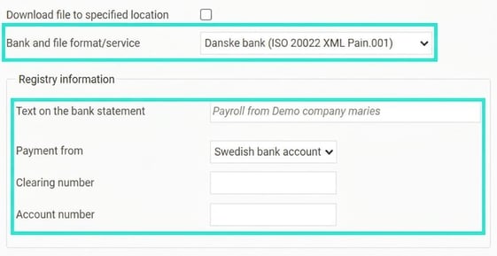 The image shows the settings fields for Danske Bank's file format.