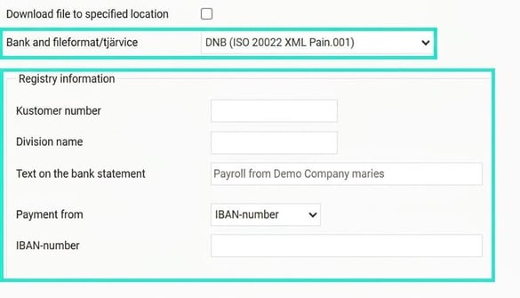 The image shows DNB's settings fields for file format and registry information.