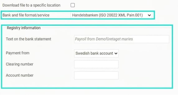 The image shows Handelsbanken's settings fields for file format and registry information.