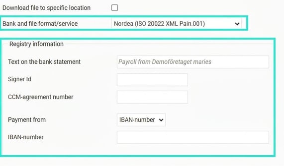 The image shows Nordea's settings fields for file format and registry information.
