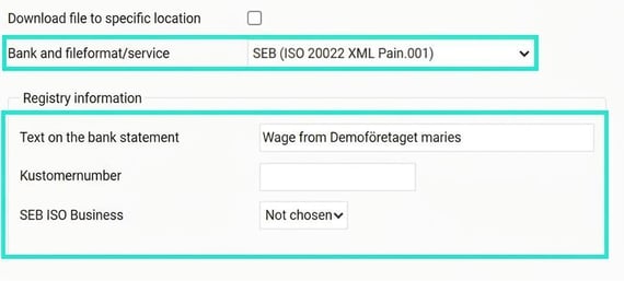 The image shows SEB's settings fields for file format and registry information.