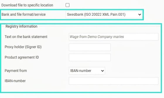 The image shows Swedbank's settings fields for file format and registry information.