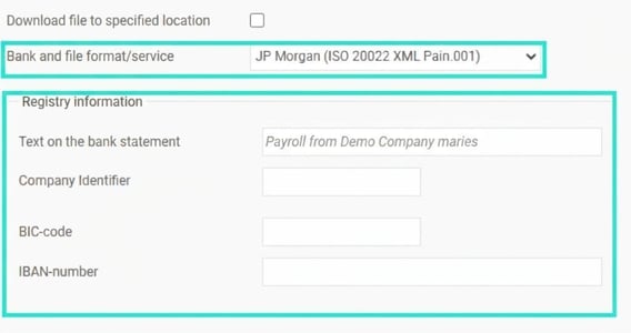 The image shows JP Morgan's settings fields for file format and registry information.