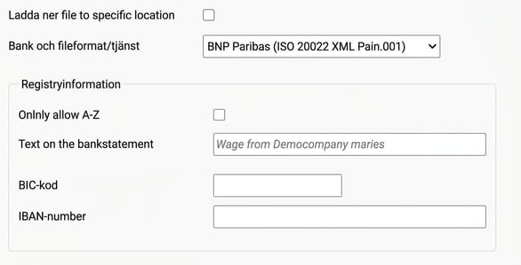 The image shows BNP Paribas' settings fields for file format and registry information.