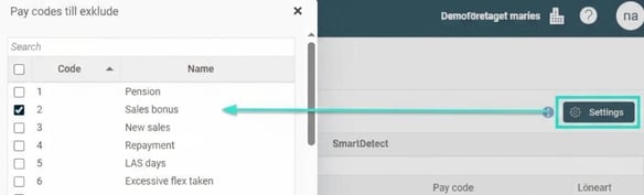 The image shows the view where an Administrator can select which pay codes should be excluded from SmartDetect's analysis.