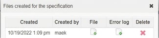 The image displays the dialogue for created files for the specification.