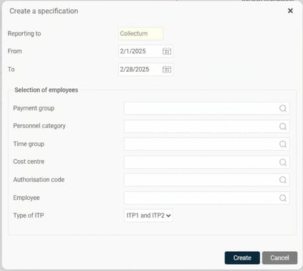 Image shows popup window for creating a new specification for Collectum with all selection options available.