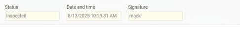 The image shows the fields for Status, Date and time, and Signature.
