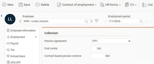 Image shows settings for Collectum in the Employee register.