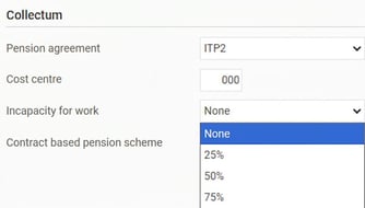 Image shows the options for setting an employee's incapacity for work in a dropdown menu with various percentage choices.