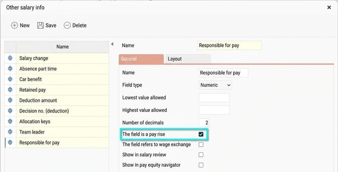 Image shows the checkboxes you can tick to set the additional field as a pay rise or salary change.