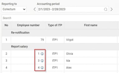 Image shows the specification for Collectum, where the info symbol appears to the right for those employee numbers that have a merged National ID number.