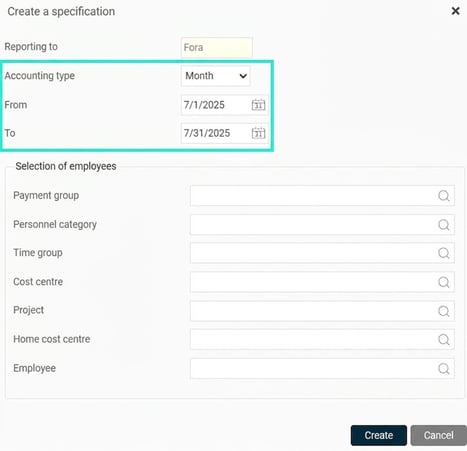 The image shows a popup window with the selection for accounting type and date highlighted.