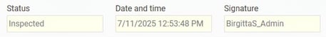 The image shows information about status, date and time, and signature.