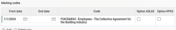 The image shows where you set the marking code in the employee register.