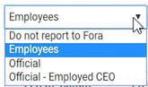 Image shows the selection list of which categories you can choose for Fora for an employee.