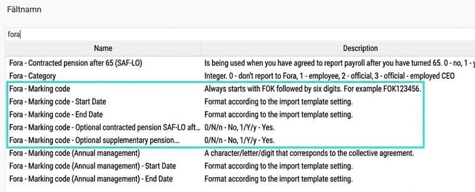 Image shows the marking fields you can select in an import template.