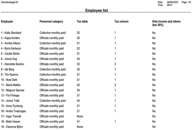 Image of a generated report showing results in five columns.