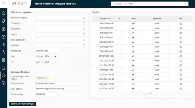 The image shows an overview of the function to send employers certificates.