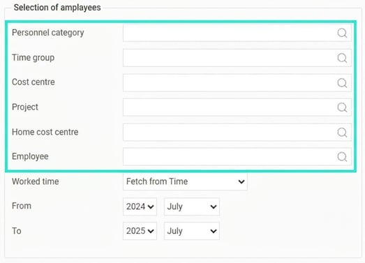 The image shows various fields where you can make a selection of employees.