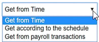 The image displays a list showing the available options for specifying the source from which the system should retrieve information about worked time. There are three options.